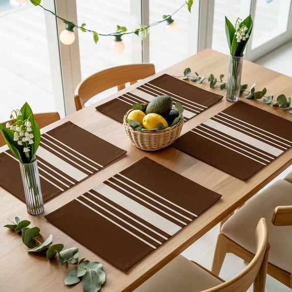 Vintage Brown Striped Linen Placemats Set of 4,Wipeable Washable Table Mats for Dining Tables, Geometric Modern Art Place Mats for Kitchen Event Party Tabletop Decor