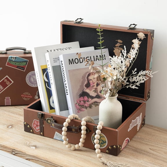 Vintage Brown Suitcase Decor Boxes, Set of 2 – Wooden Decorative Suitcase Box with Retro Leather Finish, Travel-Themed Keepsake Storage Chest for Home, Wedding, or Party Decoration