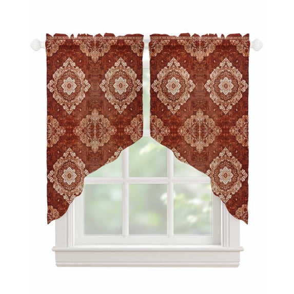 Vintage Brown Swag Valances for Windows, Boho Ethnic Geometric Abstract Art Southwestern Rod Pocket Sheer Valances for Windows, Swag Toppers Light Filtering for Kitchen Living Room 2 Panels 28''x36''