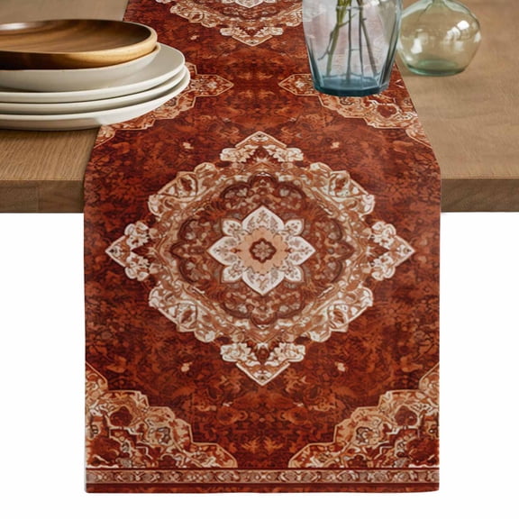 Vintage Brown Table Runner, Boho Ethnic Geometric Abstract Art Southwestern Washable Cotton Linen Table Runners 36 Inches Long, Dresser Scarf Runner for Nightstand/End Tables/Round Tables 13''x36''
