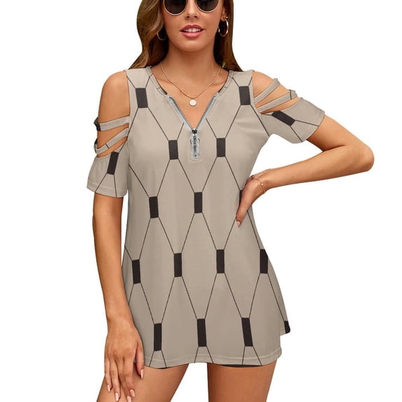 Vintage Brown Tiles Pattern Womens Summer V Neck Zipper Top Short Sleeve T Shirt Off Shoulder Top Casual Classy Loose Shirts