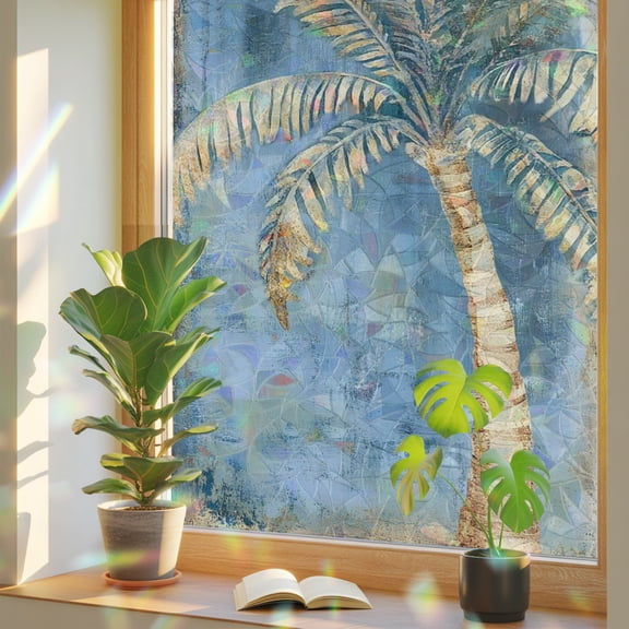 Vintage Brown Tropical Palm Window Privacy Film, Rainbow Film Decorative Window Sticker 17.7x39.3in, Summer Botanical Element Sun Blocking Static Stained Glass Cling Tint Non-Adhesive