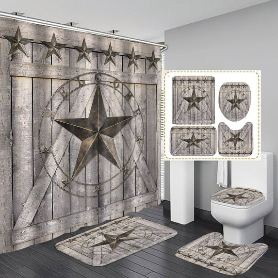 Vintage Brown Western Texas Star Shower Curtain Set Primitive Berry Star Beige Plaid Rustic Wooden Board Country Bathroom Set