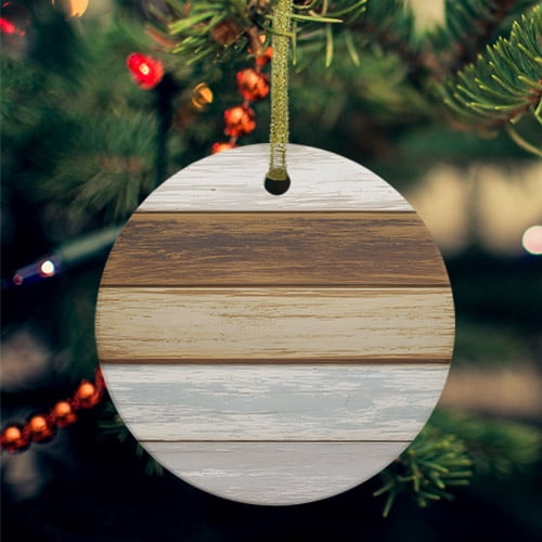 Vintage Brown Wood Ceramic Ornaments, Farmhouse Wooden Plank Rustic Round Porcelain Hanging Ornaments with Gold String, Xmas Decorations Keepsake Gifts for Holiday Home Party 3''