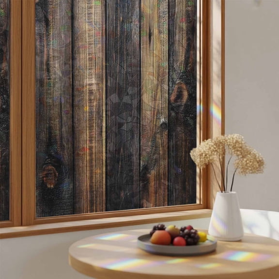 Vintage Brown Wood Grain Window Privacy Film,Heat Control Sun Blocking Static Cling Rainbow Film,Country Farm Wood Planks Non-Adhesive Glass Sticker Door Window Tint,19.6" x 39.3"
