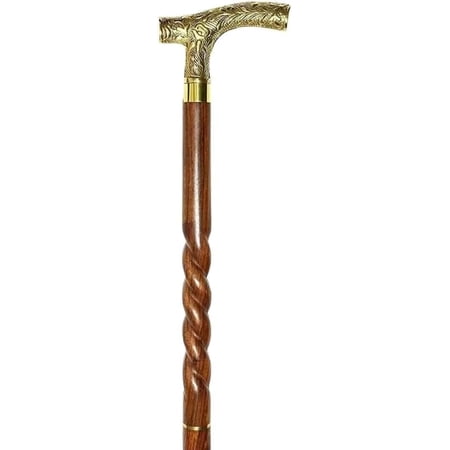Vintage Brown Wooden Walking Stick with Victorian Brass Derby Handle, Antique Walking Cane for Men and Women, Support Cane for Seniors, 37 Inch