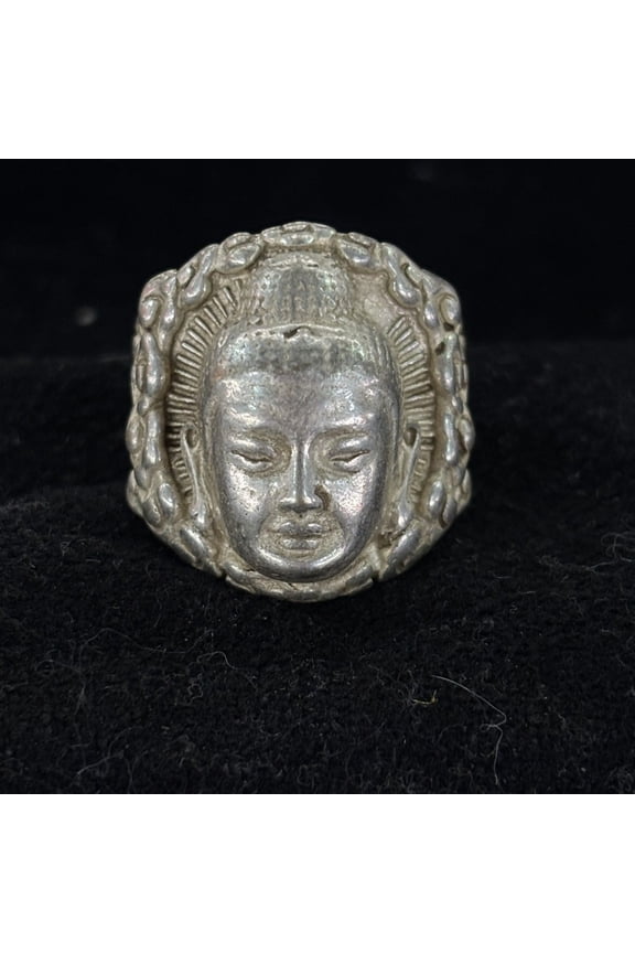 Vintage Buddha Head Ring Open Adjustable White Copper Shakyamuni Style Unisex Spiritual Jewelry Nepal Handmade Ornament
