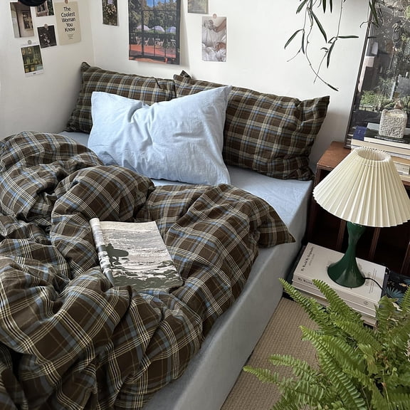 Vintage Buffalo Plaid Duvet Cover Set Queen Size 3 Piece Washed Cotton with Pillowcases Brown Blue Plaid