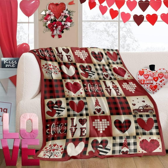 Vintage Buffalo Plaid Flannel Fleece Blankets,Valentines Romantic Gnome Love Luxury Comfort Soft Throw Blanket Mother''s Day Retro Heart Checkered Cozy Warm Bed Throws for Sofa Couch Chair 40x60In
