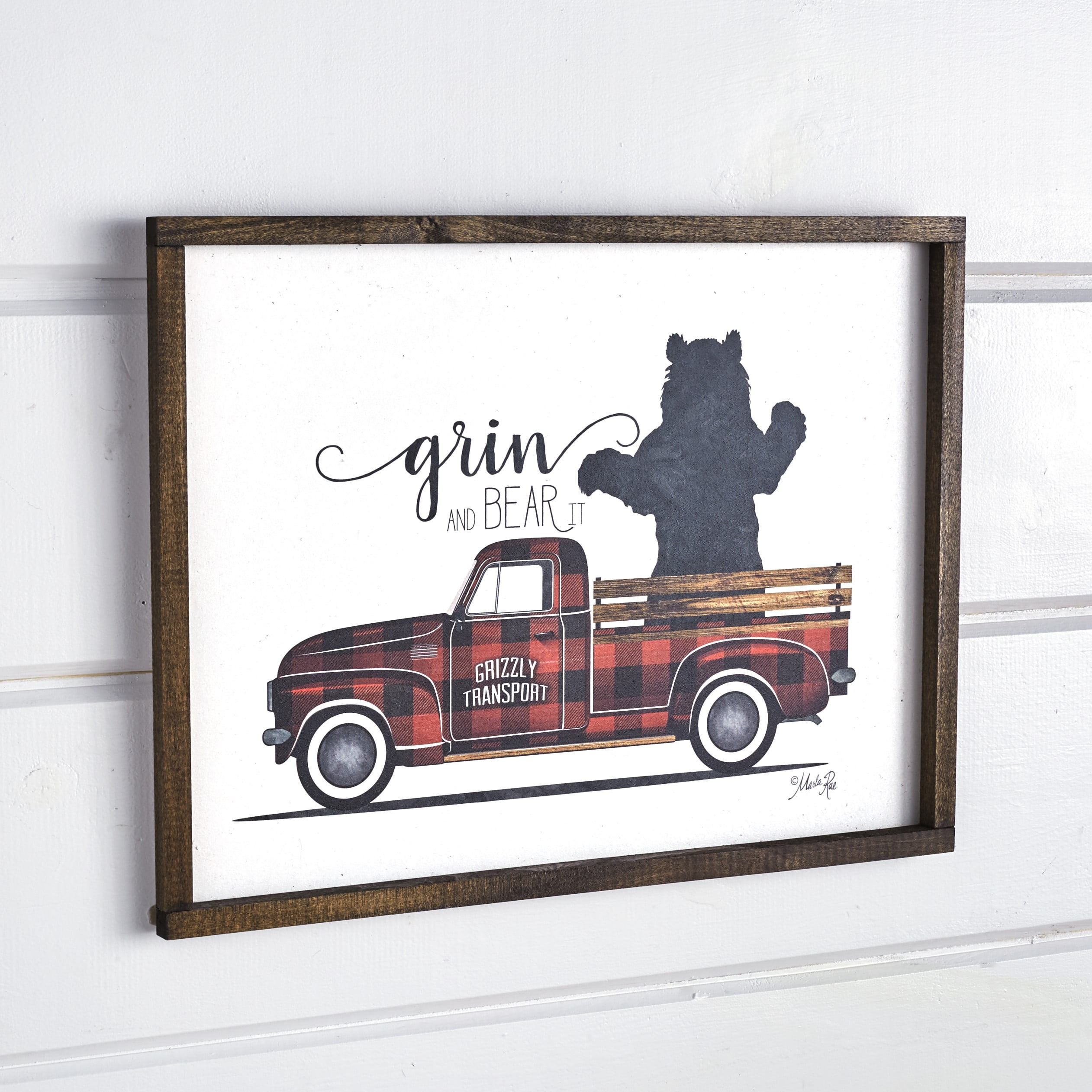 Red Plaid Vintage Truck with Bear Screen Print Wall Art