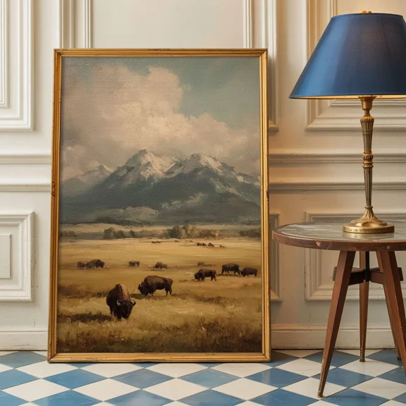 Vintage Buffalo Poster Bison Rocky Mountain Western Wall Art Decor, Matte Canvas Stretched, Posters for Room Bedroom Living Room Bathroom Wall Decor, Posters & Art Prints, Gift.