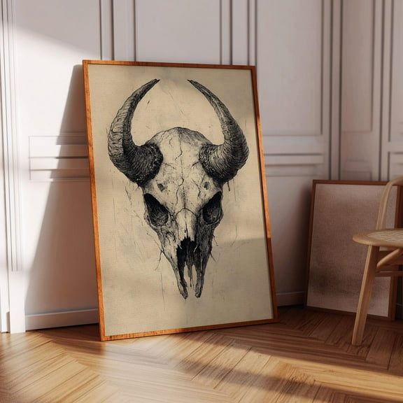 Vintage Buffalo Skull Art Print – Black And White Gothic Western Wall Decor, Rustic Bison Skull Drawing, Macabre Aesthetic Wall Art, Modern Wall Decor, 8x12 UNFRAMED