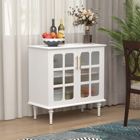 Vintage Buffet Cabinet with 2 Lattice Glass Door, Wooden Accent Cabinet with Adjustable Shelves, Credenza for Living Room, Kitchen, Dining Room, Entryway, White