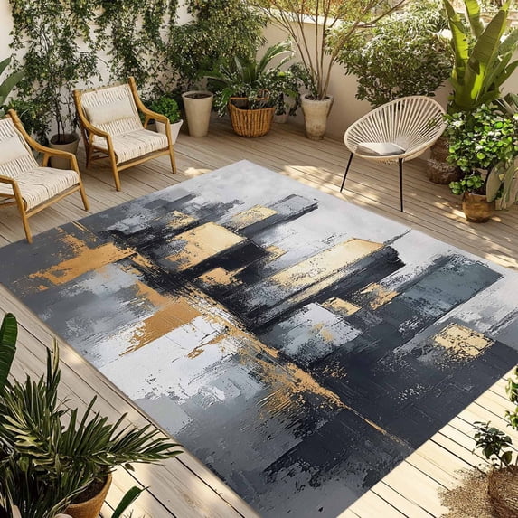 Vintage Building Outdoor Rug 5x8 Ft - Reversible Patio Rug Outdoor Camping Rugs, Modern Abstract Ombre City Oil Painting Indoor Outdoor Area Rugs, Non-Slip Outdoor Carpet Runner for Deck/Porch