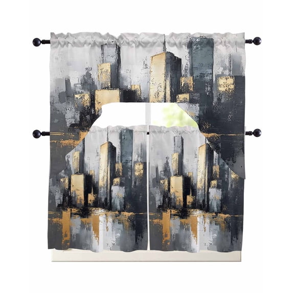 Vintage Building Swag Curtains for Living Room/Bedroom Windows, Modern Abstract Ombre City Oil Painting Kitchen Curtains and Valances Set 36 Inch Length, Light Filtering Swags Valance Curtain Panels