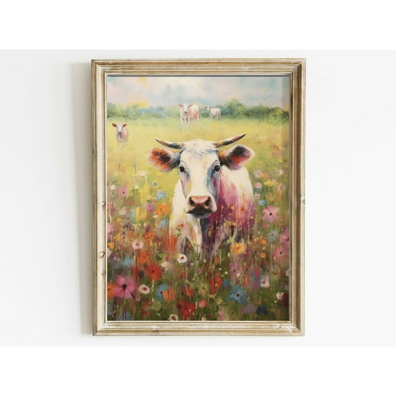 Vintage Bull Cow Painting, Rustic Country Home Decor, Wildflower Meadow, Farmhouse Homestead Wall Art, Distressed Art Wall Art, Modern Wall Decor, 8x12 UNFRAMED