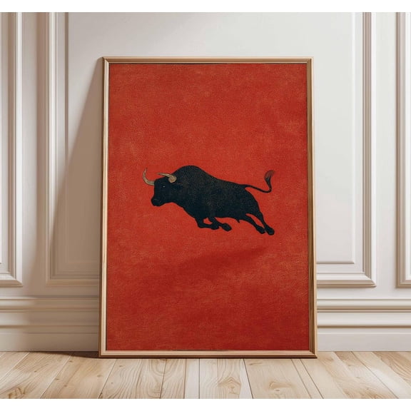 Vintage Bull Poster | Minimalist Red & Black Bull Wall Art | Mid Century Spanish Matador Decor | Modern Retro Animal Print Unframed Poster