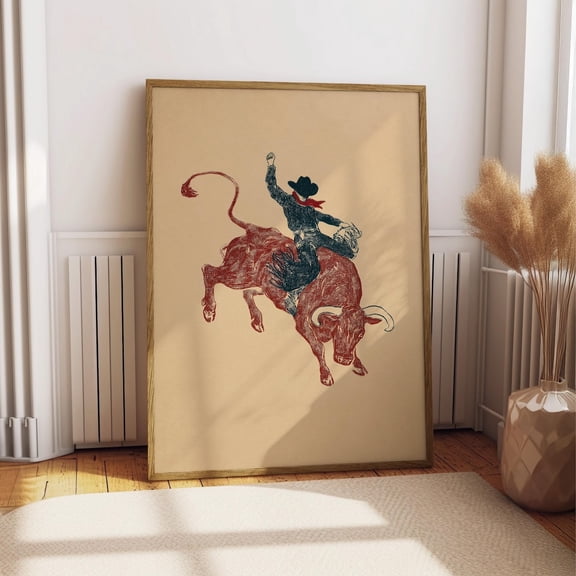 Vintage Bull Rider Art Print, Retro Rodeo Poster, Western Cowboy Drawing, Rustic Ranch Wall Decor Unframed Paper Print