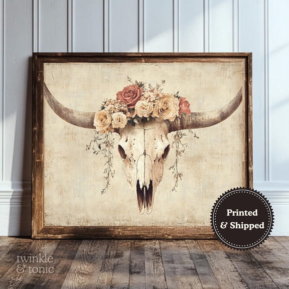 Vintage Bull Skull Art Print Boho Farmhouse Wall DeCor Western Botanical Poster Rustic Floral Country Design Poster Wall Art for Decor Present