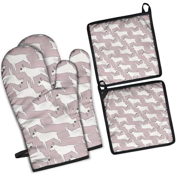 Vintage Bull Terrier Kitchen Oven Mitt and Pot Holder Sets 2 Pcs for Baking, Cooking and Grilling, Heat Resistant Up To 392 °F
