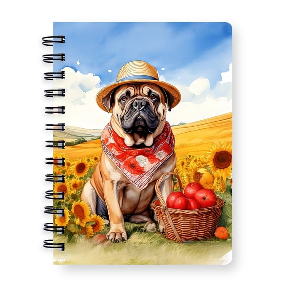 Vintage Bullmastiff Says Hello Mother's Day Summer Sunflower Field Spiral Bound Journal Dog Lover 5x7in Spiral Notebook - 12005