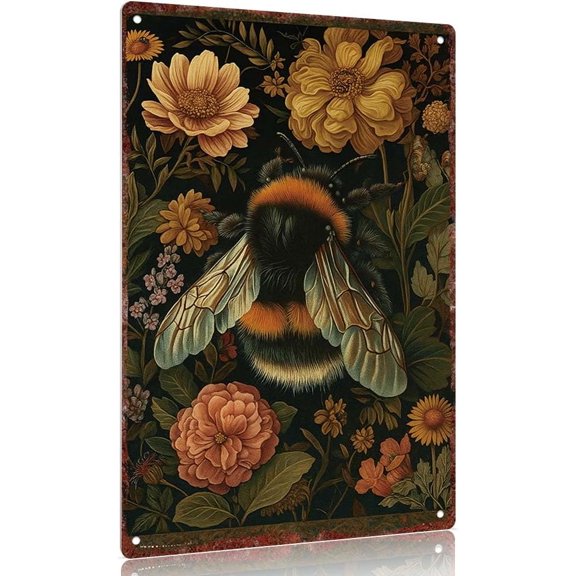 Vintage Bumble Bee Metal Sign Floral Wall Decor 12x8 Inch