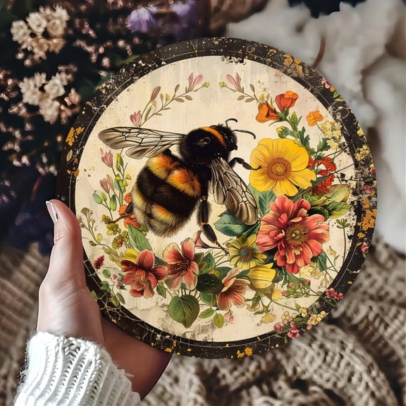 Vintage Bumblebee on Wildflower Bouquet Round Aluminum Sign - Rustic Farmhouse Distressed Black Crackle Border Wall Decor, 1pc, 8" Wall Art Metal Sign, For Porch, Gardene, Room, Home, Ideal Gifts