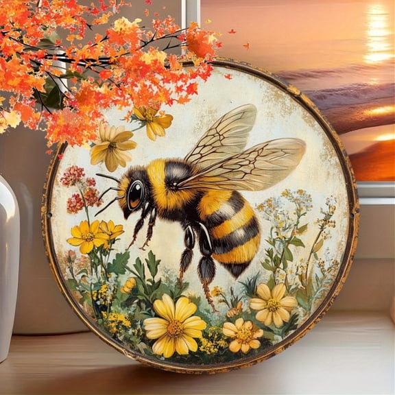 Vintage Bumblebee on Wildflowers Round Aluminum Sign - Rustic Farmhouse Watercolor Painting Distressed Wall Decor, 1pc, 8" Wall Art Metal Sign, For Porch, Gardene, Room, Home, Ideal Gifts, 2D Flat