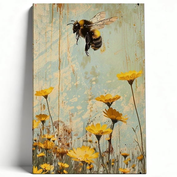 Vintage Bumblebee and Yellow Wildflowers Canvas Wall Art Rustic Bumble Bee Painting Industrial Teal Poster Living Room Bedroom Decor Print Ready to Hang 8*12