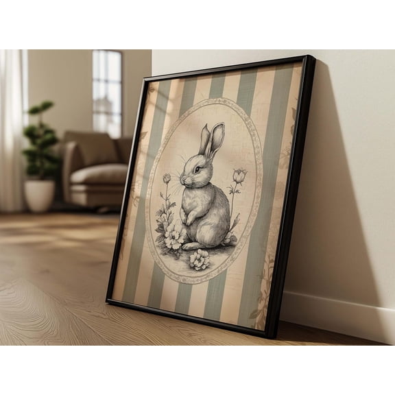 Vintage Bunny Antique Rabbit Floral Wall Art, Unframed Paper Print Size 16x24