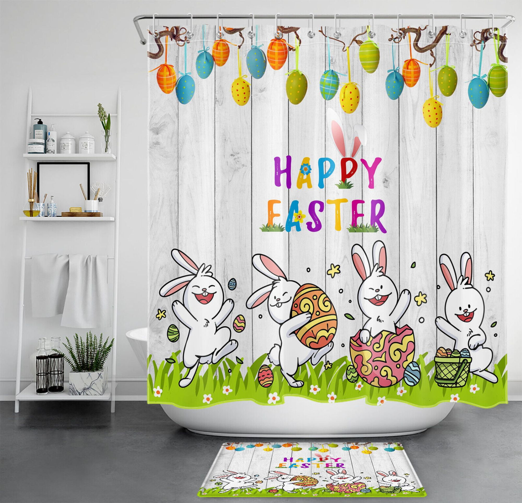 Vintage Bunny Bliss Whimsical Easter Shower Curtain Set with Plant