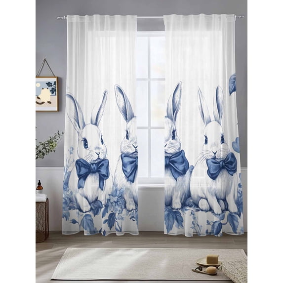 Vintage Bunny Easter Sheer Curtains for Living Room Bedroom Pastoral Rabbit Spring Floral Sheer Curtains 84 Inch Long 2 Panels Set Light Filtering Curtain Window Treatments Drapes for Dining Room