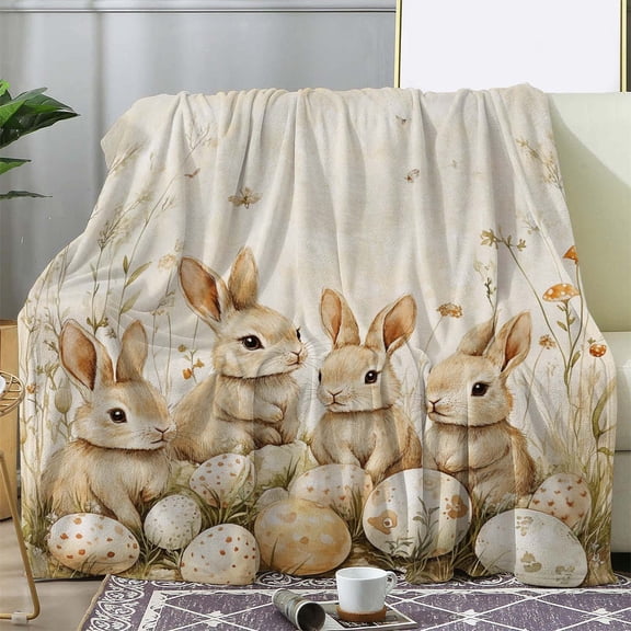 [Vintage Bunny Floral Throw] Soft Vintage Bunny Easter Egg Floral Print Flannel Throw Blanket - Cozy, Lightweight, All-Season Knitted Polyester - for Couch, Bed, Office, Travel, Gift