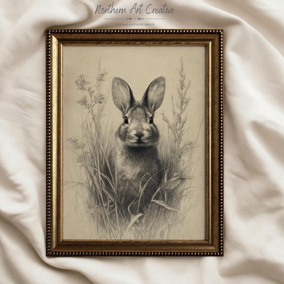 Vintage Bunny Pencil Sketch Wall Art: Antique Easter Etching Print (Printable Wall Art) Canvas Print