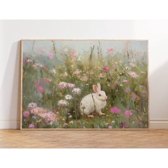 Vintage Bunny Poster: White Rabbit In Wildflower Field, Unframed Poster Size 16x24