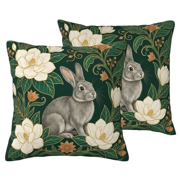 Vintage Bunny Throw Pillow Covers Set of 2, Emerald Green Magnolia Floral Decorative Faux Linen Cushion Cases, Double Sided Botanical Print for Couch Sofa,16x16 No Insert
