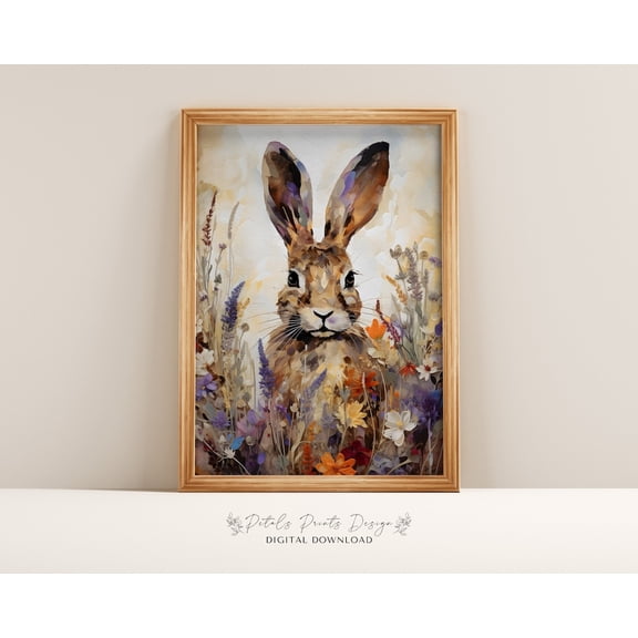 Vintage Bunny & Wildflower Art: Spring Easter Print #3342, Unframed Poster Size 8x12