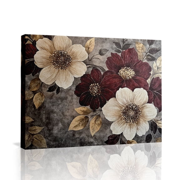 Vintage Burgundy & Cream Floral Canvas Wall Art (Elegant Rustic Tone) Ready to Hang for Bedroom