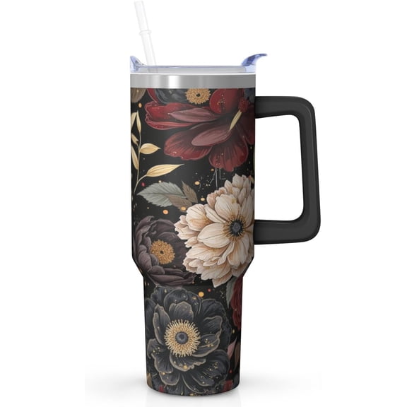 Vintage Burgundy Floral Tumbler with Handle and Straw, 40oz Insulated Stainless Steel Coffee Mug, Dark Romantic Flower Travel Cup for Women, Gothic Boho Gift