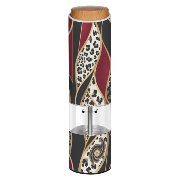 Vintage Burgundy Leopard Wave Printed Electric Pepper Mill One-Touch Battery Operated Salt Grinder Adjustable Coarseness Decorative Counter Spice Tool