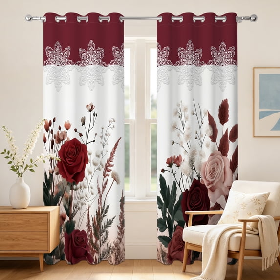 Vintage Burgundy Red Floral Blackout Curtains For Bedroom Living Room,2 Panels,42x63 Inch,Thermal Insulated,Grommet Top