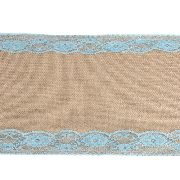 Sky Blue Burlap Lace Table Runner, Vintage Natural Decor for Rustic Weddings and Parties