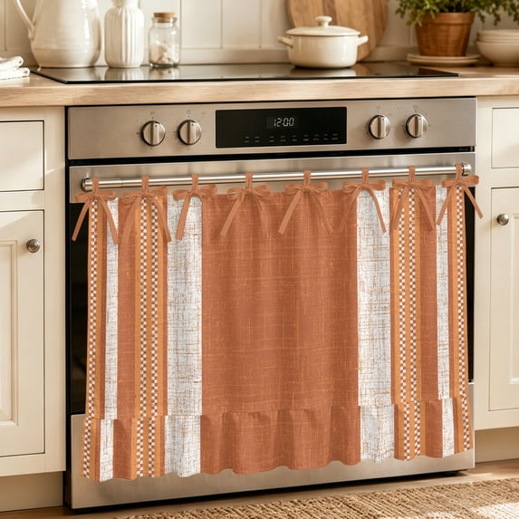 Vintage Burnt Orange Striped Oven Skirt for Farmhouse Kitchen Décor, Farmhouse Modern Stripes Boho Oven Curtain Tie Top Decorative Stove Skirt, Cabinet Dish Washer Curtains 8 Ribbon Ties 30"x21.5"