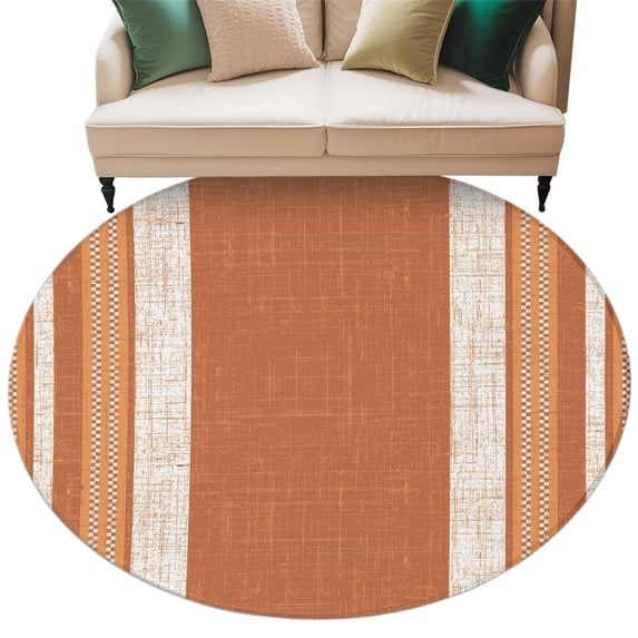 Vintage Burnt Orange Striped Round Rug 5ft Washable Circle Kitchen Rugs Non Slip Farmhouse Modern Stripes Boho Large Area Rug Indoor Floor Carpet for Bedroom Living Room Office Dining Room Nursery