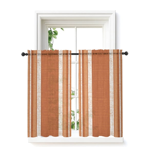 Vintage Burnt Orange Striped Tier Curtains 45 Inch Length,Sheer Curtains for Bedroom Living Room Farmhouse Modern Stripes Boho Short Kitchen Curtains Drapes for Small Half Window 27.5"x45" 2 Panels