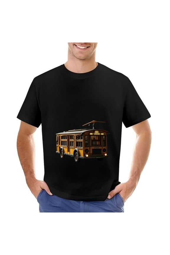 Vintage Bus Graphic Cotton Short Sleeve T-Shirt for Men - Nostalgic Design with Bright Yellow Color and Classic Style