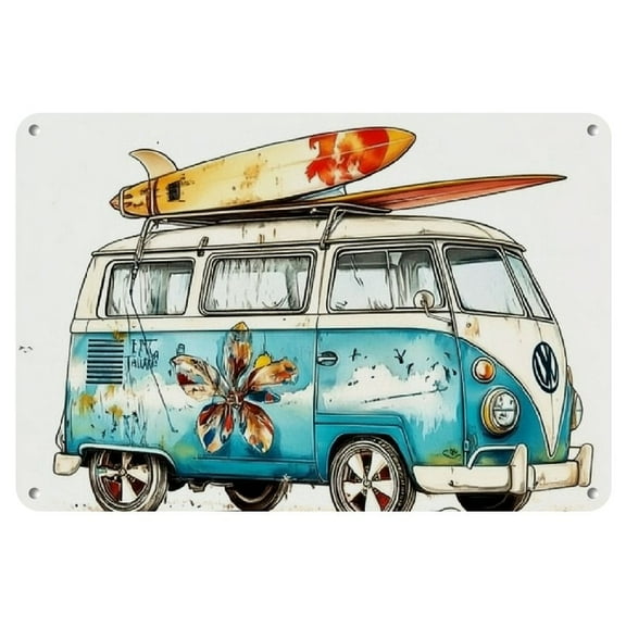 Vintage Bus Metal Sign Plaque 1pc - Classic Style Iron Wall Art, 12"x8" Surfboard Beach Theme, Pre-Drilled Wall Hanging Multipurpose Decor for Home, Garage, Bar, Cafe & Restaurant