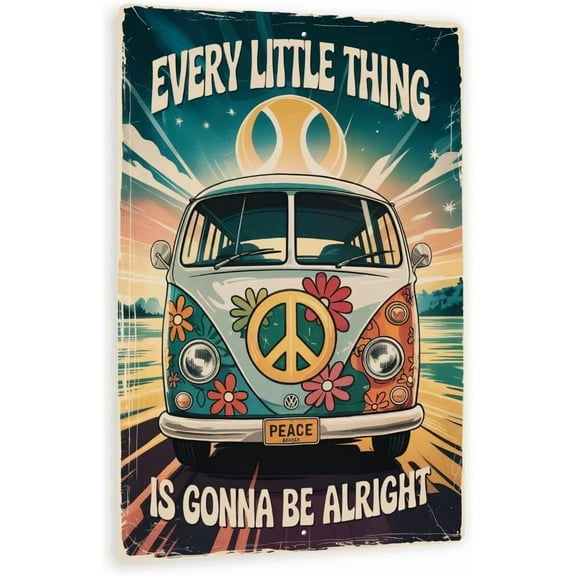 Vintage Bus Sign 8x12 Retro Hippie Peace Van Wall Decor, "Every Little Thing" Distressed Metal Art For Boho, Garage, Or Patio