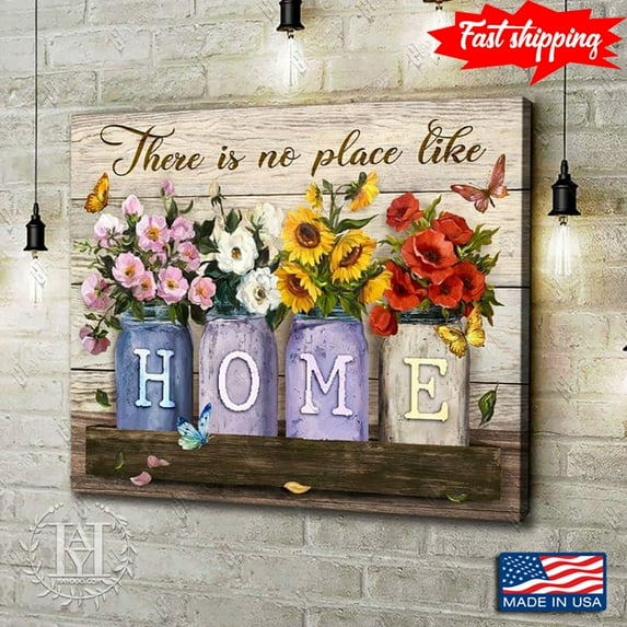 Vintage Butterflies Flying Around Flowers In Mason Jars There Is No Place Like Home 16 x 24 Inch Poster