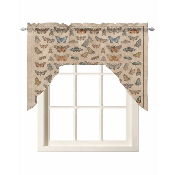 Vintage Butterflies Kitchen Swag Valance for Window, Rod Pocket Short Kitchen Curtains 36 Inch Length, Retro Animal Biological Atlas Brown Swag Topper Small Window Treatment for Cafe Bedroom